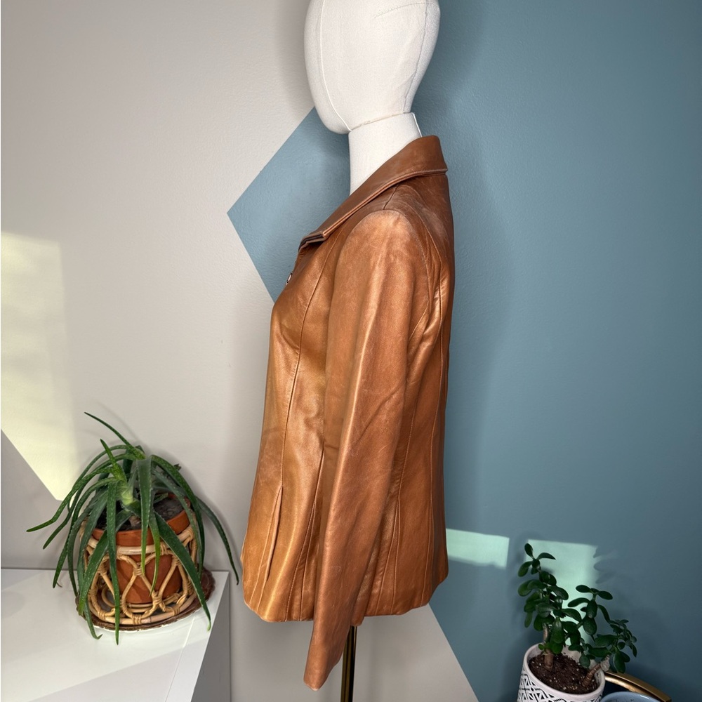 Jones New York Cognac Leather Jacket M Fitted Y2K Zip Tailored Caramel Blazer - Picture 5 of 14